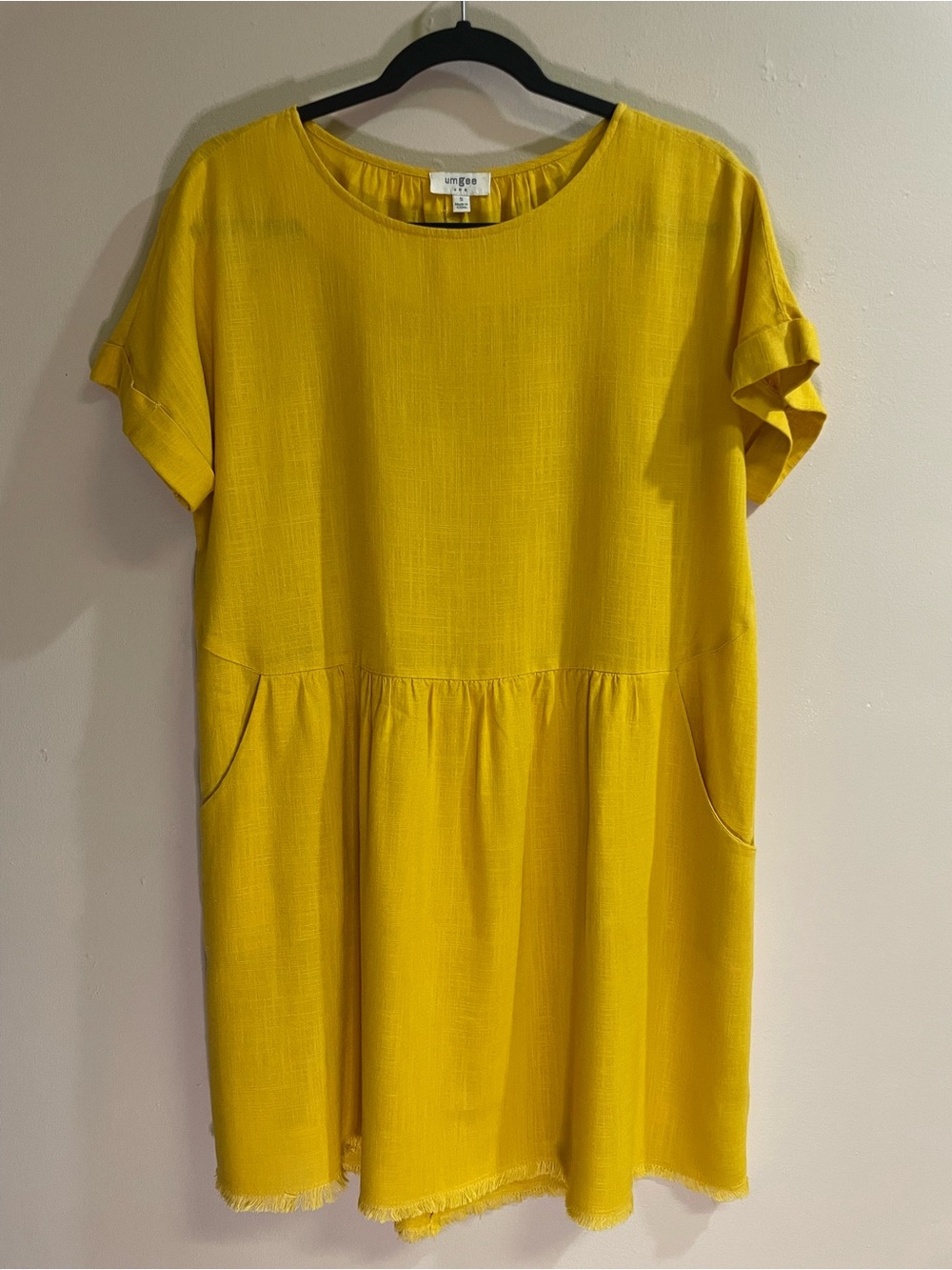 Umgee USA Mustard Yellow Linen-Cotton Tunic Dress Size S Pockets Frayed Hem Boho